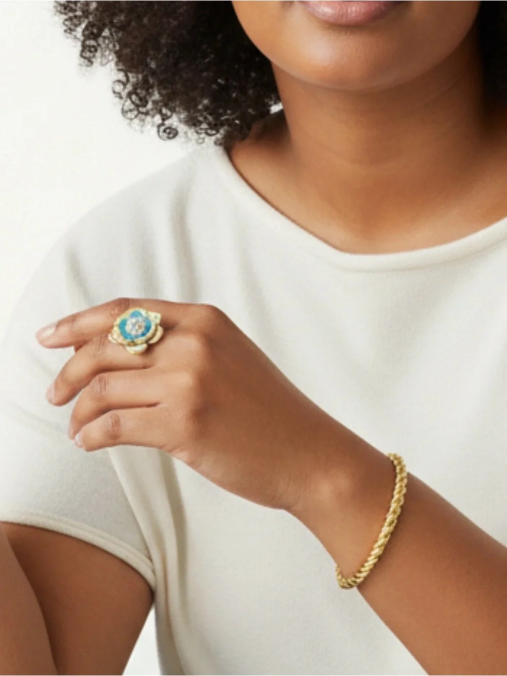 Jewelry Set-2 Turquoise Flower Adjustable Ring Gold Tone Twist Bangle Bracelet